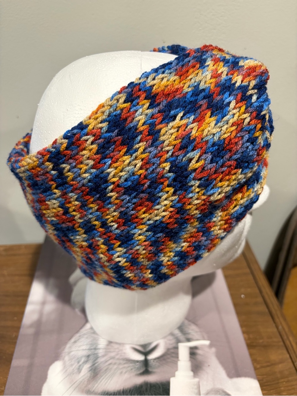 Handmade Knit Twist-Front Ear Warmer | Blue Rust & Gold - Picture 3 of 5